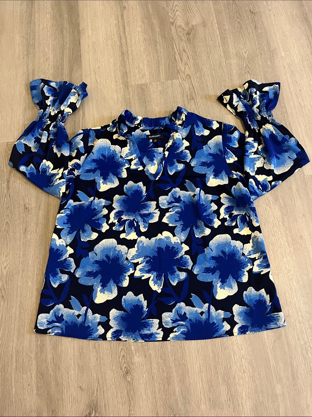 Brighton Blue Floral Short Ruffle Sleeve Blouse